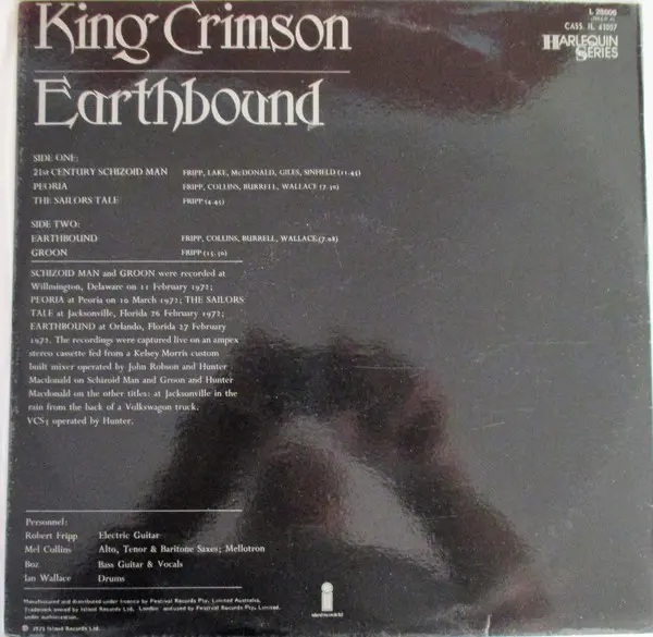 King Crimson - Earthbound, Rock, Prog Rock, Psychedelic Rock, 1973 - Island Records, Australia, Vinyl 1x LP, Album