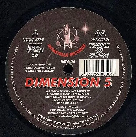 Dimension 5 - Deep Space 5D / Temple Of Chaos, Electronic, Goa Trance, 1997 - Intastella Records, UK, Vinyl 1x 12", 45 RPM