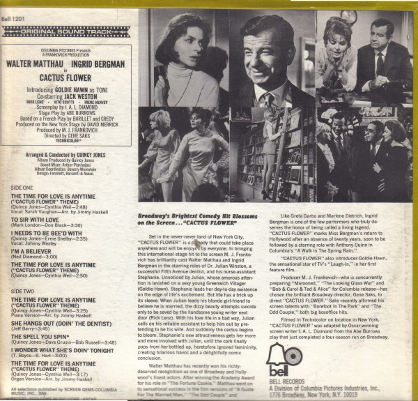 Quincy Jones - Cactus Flower (Original Sound Track), Funk / Soul, Jazz, Pop, Stage & Screen, Soundtrack, 1969 - Bell Records,