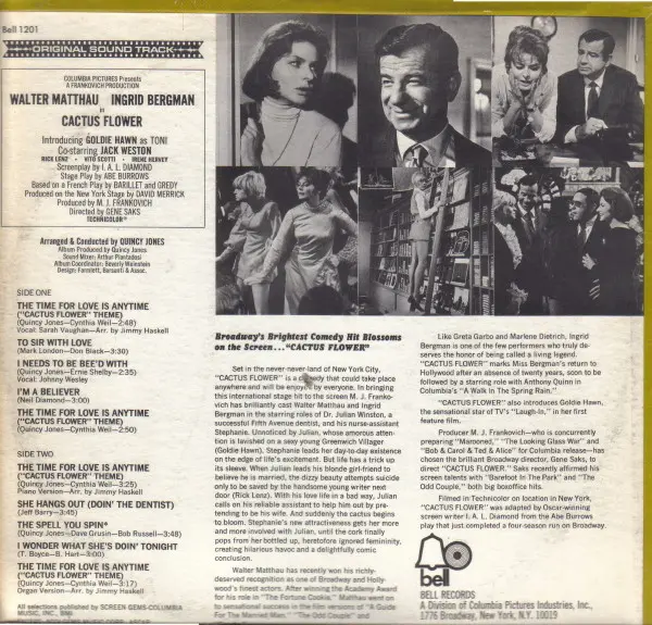 Quincy Jones - Cactus Flower (Original Sound Track), Funk / Soul, Jazz, Pop, Stage & Screen, Soundtrack, 1969 - Bell Records,