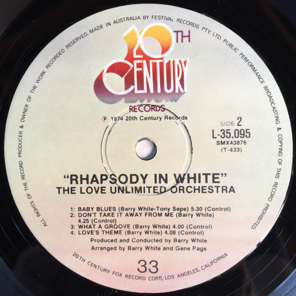 Love Unlimited Orchestra - Rhapsody In White, Funk / Soul, Jazz, Disco, Jazz-Funk, Soul, Soul-Jazz, 1974 - 20th Century Recor