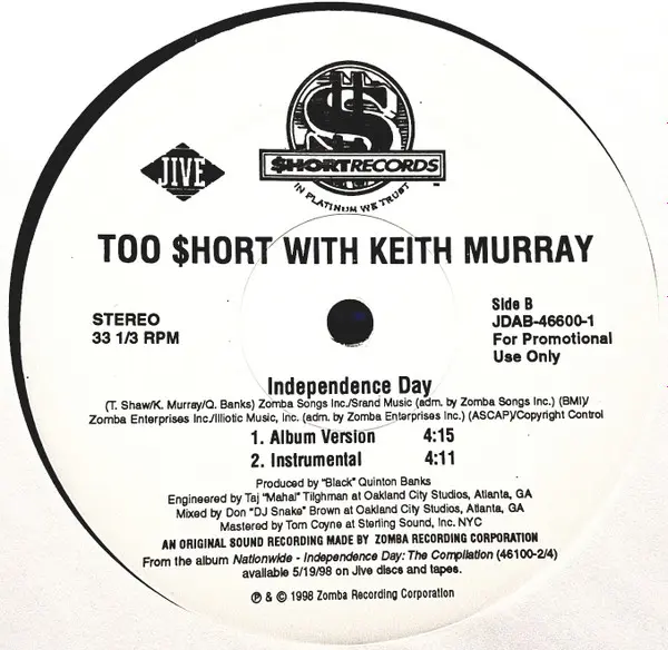 Too Short With Keith Murray - Independence Day, Hip Hop, 1998 - $hort Records, Jive, US, Vinyl 1x 12", 33 ⅓ RPM, Promo