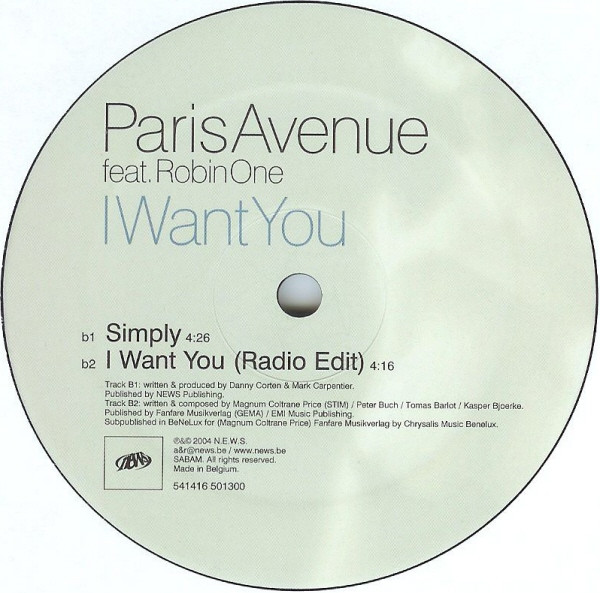 Paris Avenue Feat. Robin One - I Want You, Electronic, Disco, House, 2004 - 541, Belgium, Vinyl 1x 12", 45 RPM