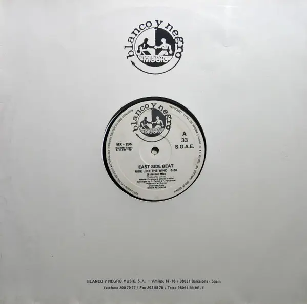 East Side Beat - Ride Like The Wind, Electronic, House, Italo House, Italodance, 1991 - Blanco Y Negro (2), Spain, Vinyl 1x 1