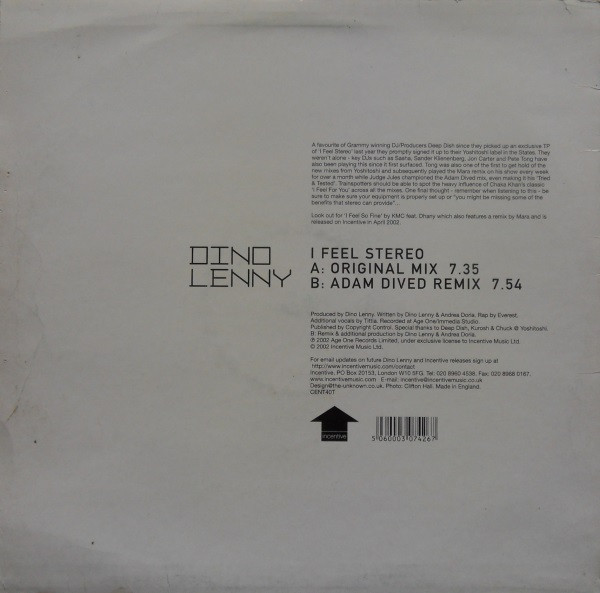 Dino Lenny - I Feel Stereo, Electronic, House, Progressive House, 2002 - Incentive, UK, Vinyl 1x 12"
