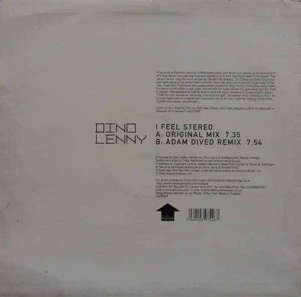 Dino Lenny - I Feel Stereo, Electronic, House, Progressive House, 2002 - Incentive, UK, Vinyl 1x 12"