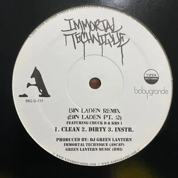Immortal Technique - Bin Laden Remix (Bin Laden Pt. 2), Hip Hop, Conscious, 2005 - Babygrande, Viper Records, US, Vinyl 1x 12