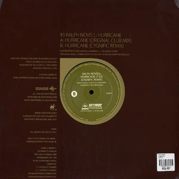 Ralph Novell - Hurricane, Electronic, Hard Trance, Trance, 2005 - Skywarp Platinum, Germany, Vinyl 1x 12", 45 RPM