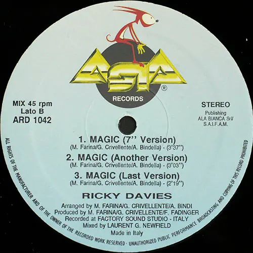 Ricky Davies - Magic, Electronic, Hi NRG, Italo-Disco, 1989 - Asia Records, Italy, Vinyl 1x 12", 45 RPM