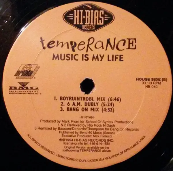 Temperance - Music Is My Life, Electronic, House, 1994 - Hi-Bias Records, Canada, Vinyl 1x 12", Single