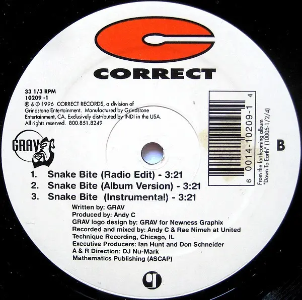 Grav - C'mon / Snake Bite, Hip Hop, 1996 - Correct Records, US, Vinyl 1x 12", 33 ⅓ RPM
