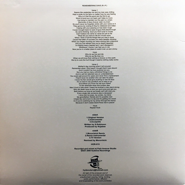 Substantial - Remembering Dave, Hip Hop, 2001 - Hyde Out Productions, Japan, Vinyl 1x 12"