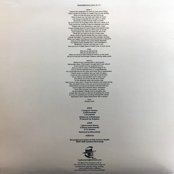 Substantial - Remembering Dave, Hip Hop, 2001 - Hyde Out Productions, Japan, Vinyl 1x 12"