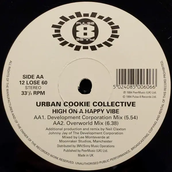 Urban Cookie Collective - High On A Happy Vibe, Electronic, Euro House, House, 1994 - Pulse-8 Records, UK, Vinyl 1x 12", 33 ⅓