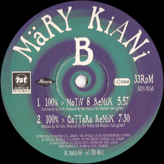 Mary Kiani - 100%, Electronic, Euro House, House, Progressive House, 1997 - 1st Avenue Records, Mercury, UK, Vinyl 1x 12", Si