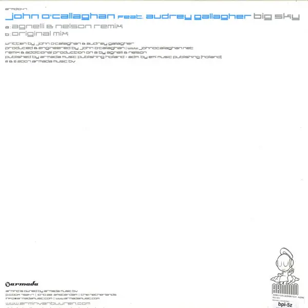 John O'Callaghan Feat. Audrey Gallagher - Big Sky, Electronic, Progressive Trance, Trance, 2007 - Armada (4), Armind, Netherl
