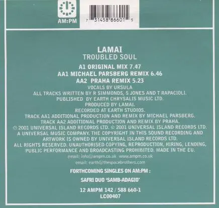 Lamai - Troubled Soul, Electronic, Trance, 2001 - AM:PM, UK, Vinyl 1x 12", 33 ⅓ RPM, 45 RPM