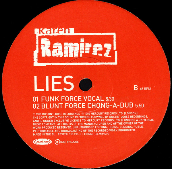 Karen Ramirez - Lies, Electronic, Pop, Breaks, House, Progressive Trance, Trance, 1999 - Manifesto, UK, Vinyl 1x 12", 33 ⅓ RP