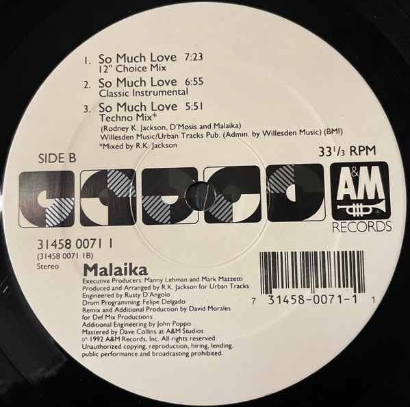 Malaika - So Much Love, Electronic, Garage House, House, 1992 - A&M Records, US, Vinyl 1x 12", 33 ⅓ RPM