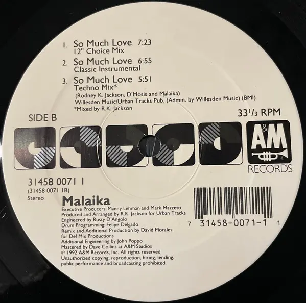 Malaika - So Much Love, Electronic, Garage House, House, 1992 - A&M Records, US, Vinyl 1x 12", 33 ⅓ RPM