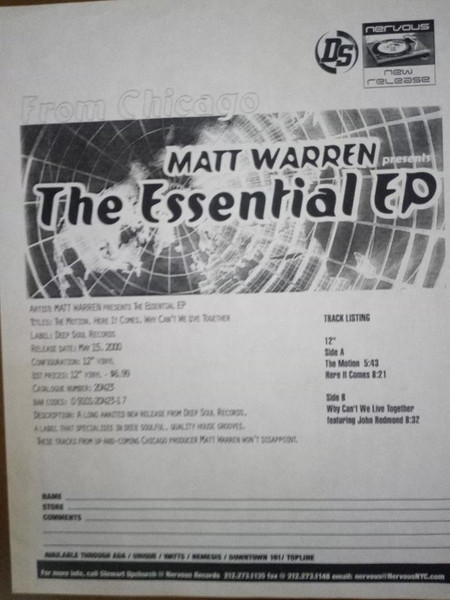 Matt Warren - The Essential EP, Electronic, Deep House, House, 2000 - Deep Soul, US, Vinyl 1x 12", 33 ⅓ RPM, EP