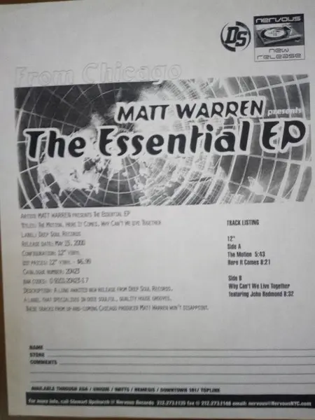 Matt Warren - The Essential EP, Electronic, Deep House, House, 2000 - Deep Soul, US, Vinyl 1x 12", 33 ⅓ RPM, EP