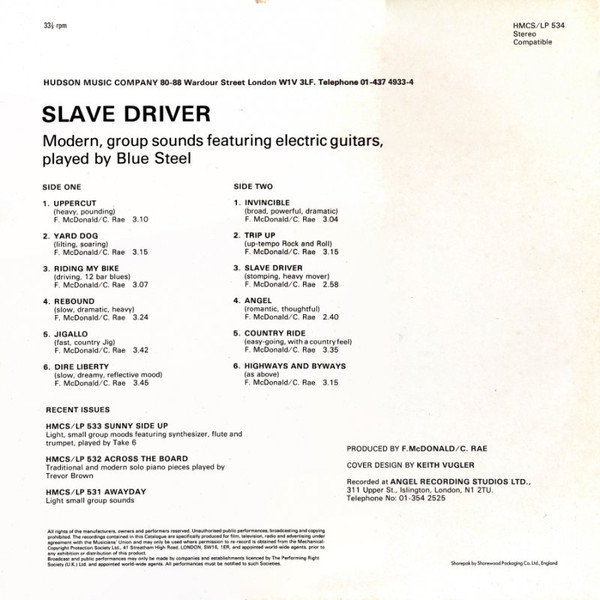Blue Steel (3) - Slave Driver, Electronic, Rock, Stage & Screen, Abstract, Theme, 1983 - Hudson Music Company, UK, Vinyl 1x L
