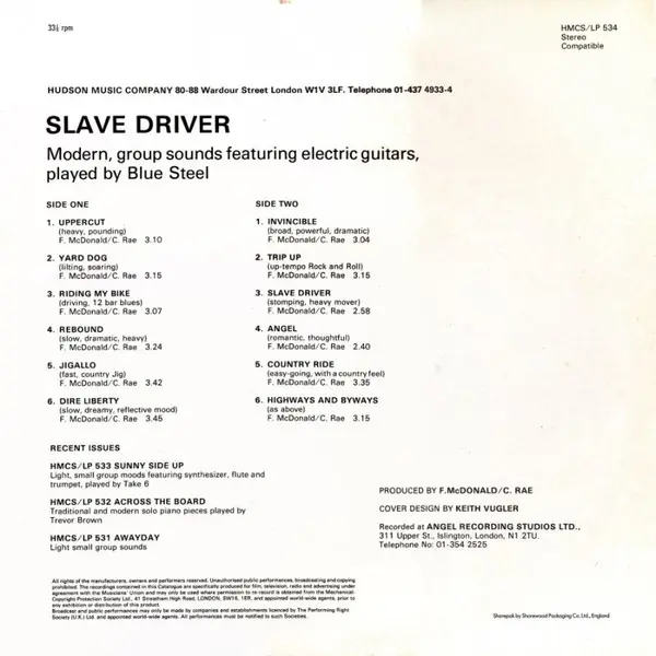 Blue Steel (3) - Slave Driver, Electronic, Rock, Stage & Screen, Abstract, Theme, 1983 - Hudson Music Company, UK, Vinyl 1x L