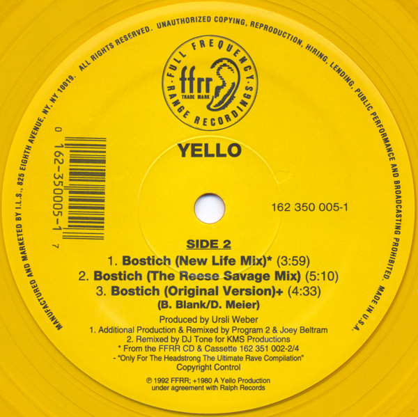Yello - Bostich, Electronic, Deep House, Disco, Hardcore, Synth-pop, 1992 - FFRR, US, Vinyl 1x 12", Limited Edition, 33 ⅓ RPM