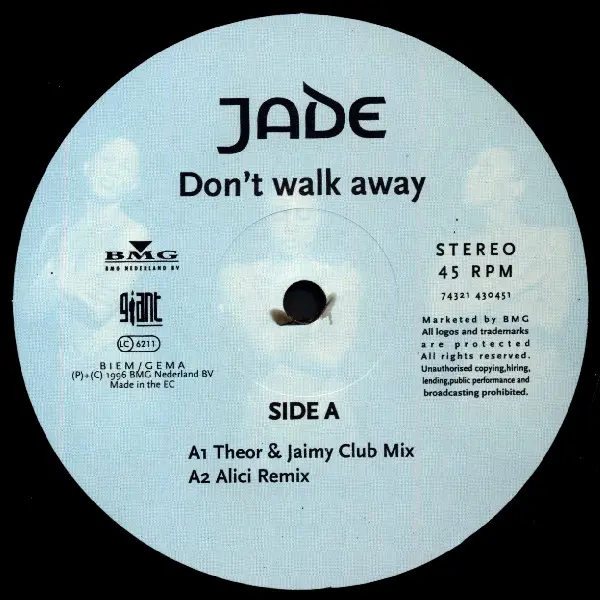 Jade (3) - Don't Walk Away, Electronic, Hip Hop, House, RnB/Swing, 1996 - BMG Nederland BV, Giant Records, Netherlands, Vinyl