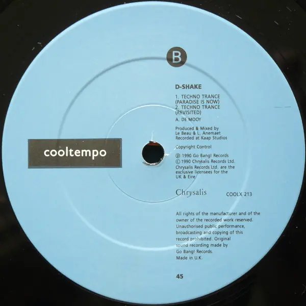 D-Shake - Yaaah / Techno Trance, Electronic, House, Techno, Trance, 1990 - Cooltempo, UK, Vinyl 1x 12", Single, 45 RPM