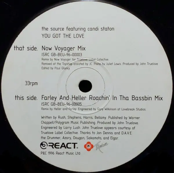 Source, The Featuring Candi Staton - You Got The Love, Electronic, Disco, House, 1997 - React, Truelove, UK, Vinyl 1x 12", 33
