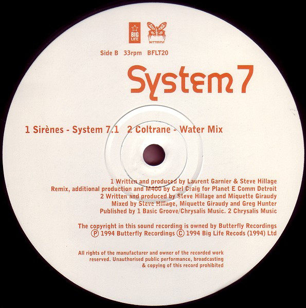 System 7 - Sirènes, Electronic, House, Techno, Trance, 1994 - Big Life, Butterfly Records, UK, Vinyl 1x 12", 33 ⅓ RPM, Single