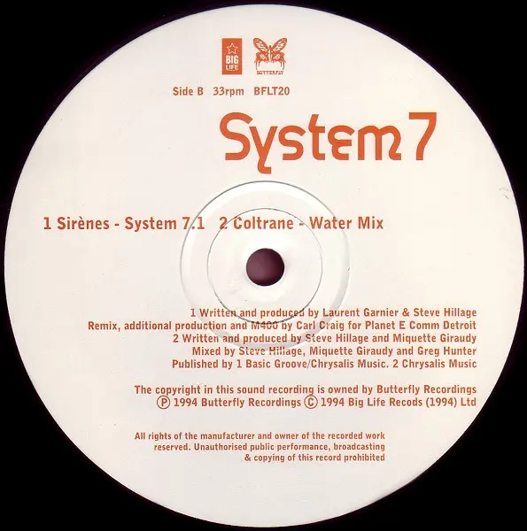 System 7 - Sirènes, Electronic, House, Techno, Trance, 1994 - Big Life, Butterfly Records, UK, Vinyl 1x 12", 33 ⅓ RPM, Single