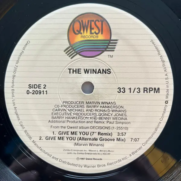 Winans, The - Give Me You, Electronic, House, 1987 - Qwest Records, US, Vinyl 1x 12", 33 ⅓ RPM
