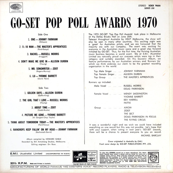 Various - Go-Set Pop Poll Awards 1970 - 1970 -Vocal -Columbia -Vinyl 1x LP, Compilation