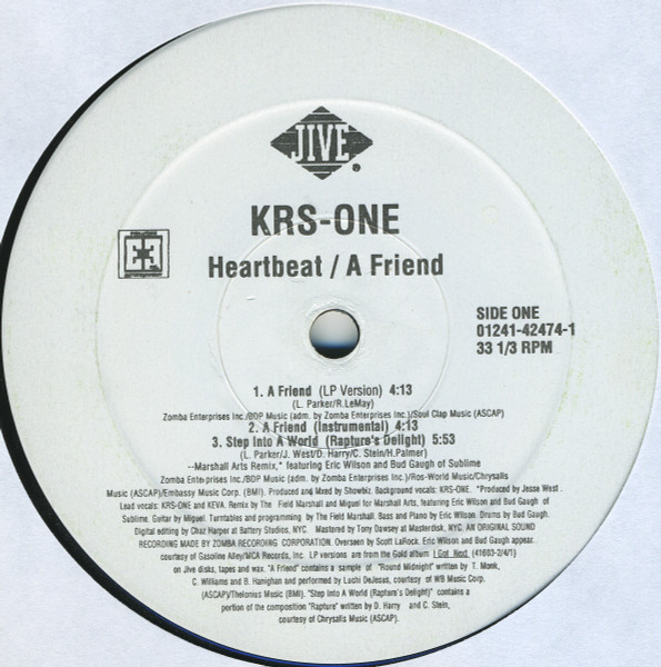 KRS-One - A Friend / Heartbeat, Hip Hop, 1997 - Jive, US, Vinyl 1x 12"