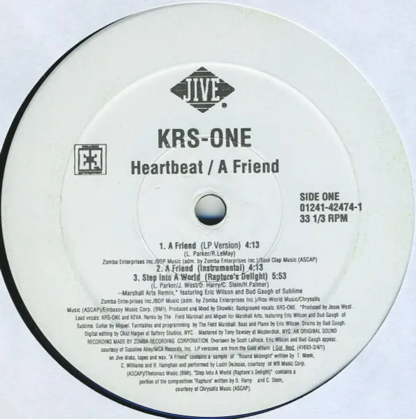 KRS-One - A Friend / Heartbeat, Hip Hop, 1997 - Jive, US, Vinyl 1x 12"