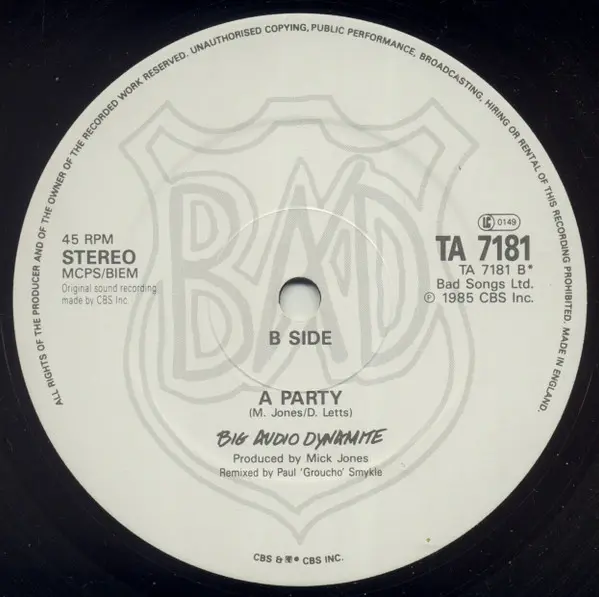 Big Audio Dynamite - Medicine Show, Electronic, Rock, Breaks, Downtempo, Dub, 1986 - CBS, UK, Vinyl 1x 12", 45 RPM