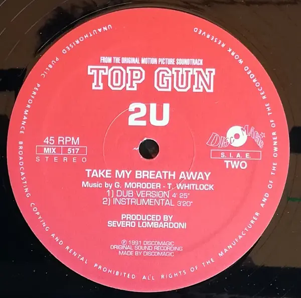 2U - Take My Breath Away, Electronic, Downtempo, 1991 - Discomagic Records, Italy, Vinyl 1x 12", 45 RPM