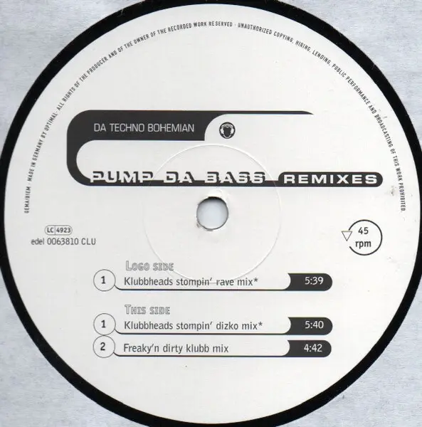 Da Techno Bohemian - Pump Da Bass Remixes, Electronic, House, Trance, 1997 - Club Tools, Germany, Vinyl 1x 12", 45 RPM