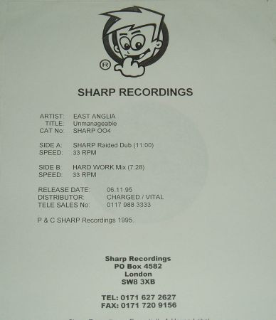 East Anglia - Unmanageable, Electronic, House, Progressive House, Techno, 1995 - Sharp Recordings, UK, Vinyl 1x 12", Test Pre