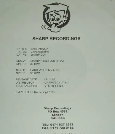 East Anglia - Unmanageable, Electronic, House, Progressive House, Techno, 1995 - Sharp Recordings, UK, Vinyl 1x 12", Test Pre
