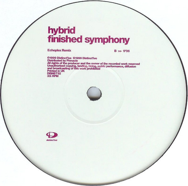 Hybrid - Finished Symphony, Electronic, Breakbeat, Progressive Trance, 1999 - Distinct'ive Records, UK, Vinyl 1x 12", 33 ⅓ RP