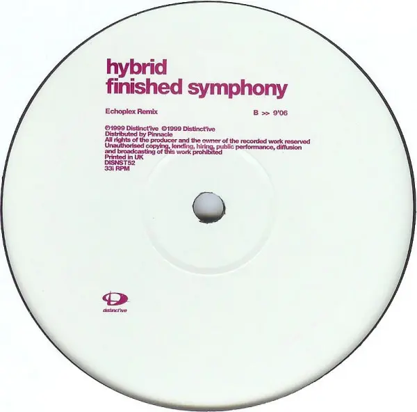 Hybrid - Finished Symphony, Electronic, Breakbeat, Progressive Trance, 1999 - Distinct'ive Records, UK, Vinyl 1x 12", 33 ⅓ RP