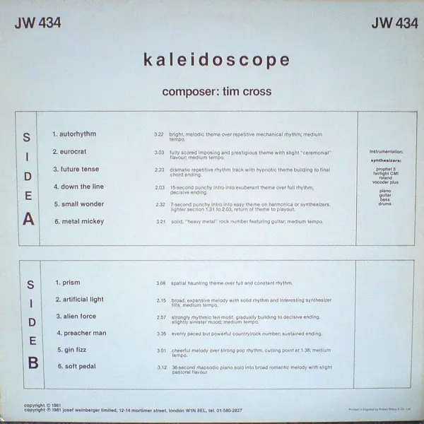 Tim Cross - Kaleidoscope, Electronic, Rock, Stage & Screen, Theme, 1981 - JW Music Library, UK, Vinyl 1x LP