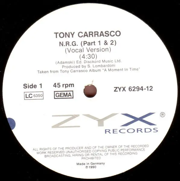 Tony Carrasco - N.R.G. (Vocal Version) (Part 1 & 2), Electronic, House, 1990 - ZYX Records, Germany, Vinyl 1x 12"