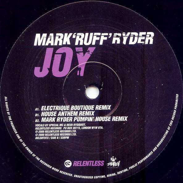 Mark Ryder - Joy, Electronic, House, Trance, 2000 - Relentless Records, UK, Vinyl 1x 12", 33 ⅓ RPM