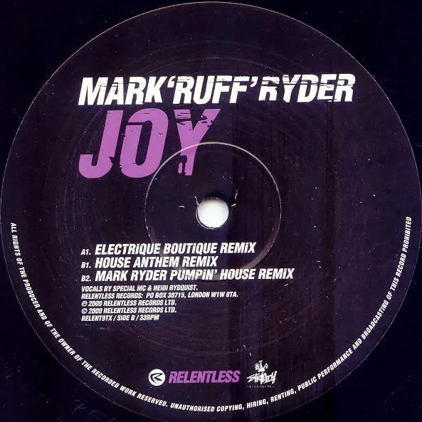 Mark Ryder - Joy, Electronic, House, Trance, 2000 - Relentless Records, UK, Vinyl 1x 12", 33 ⅓ RPM