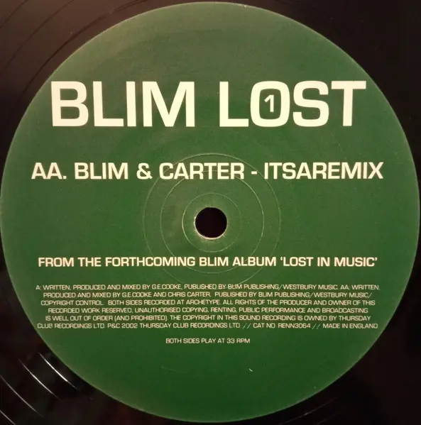B.L.I.M. & Chris Carter - Lost 1, Electronic, Breaks, 2002 - Thursday Club Recordings (TCR), UK, Vinyl 1x 12", Sampler